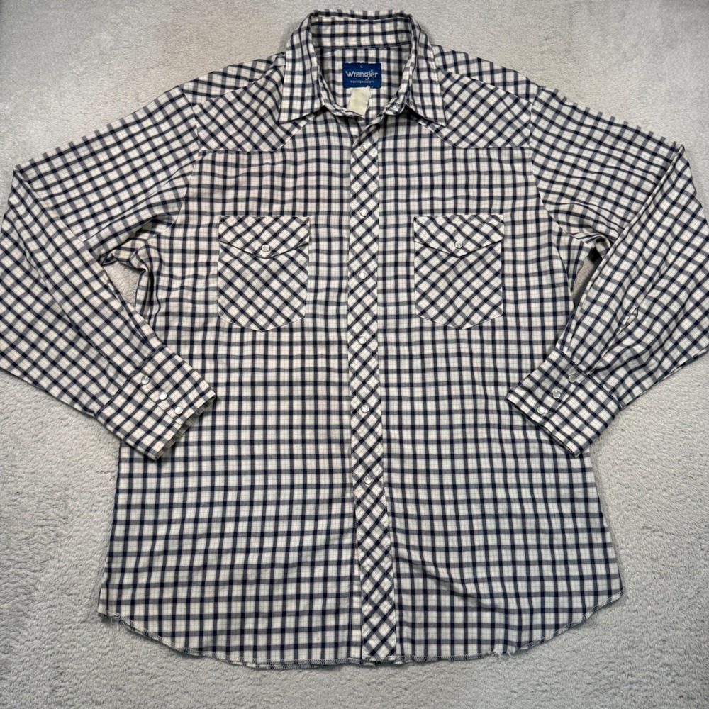 Vintage Wrangler Western Shirt Mens L Navy White Plaid Pearl Snap